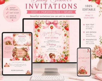 Invitación para baby shower con temática de fresas, invitación para niña con diseño de fresas (descarga digital), hada