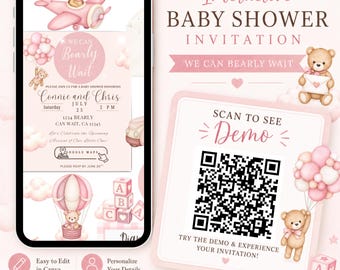 Invitación para baby shower "Apenas podemos esperar", invitación digital interactiva con osito de peluche, invitación electrónica para baby shower de niña en color rosa, registro de asistencia en Google Maps