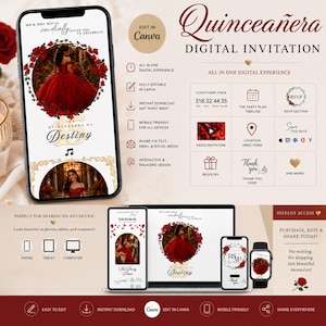 May include: A digital Quinceañera invitation template featuring a red dress theme, editable in Canva. The design includes a countdown timer, RSVP section, video invitation, and registry links, displayed on a smartphone, laptop, and smartwatch.