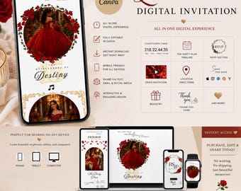 Plantilla de invitación de Quinceañera de rosa roja / Invitación digital animada (Canva)