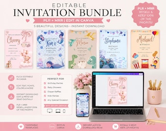 Paquete de invitaciones editables para baby shower y cumpleaños, plantillas de Canva (descarga digital)