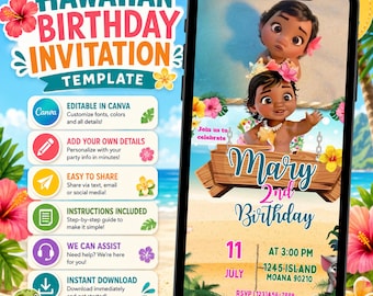Hawaiian Birthday Invitation Template, Editable Canva, Luau Party Invite (Digital Download)