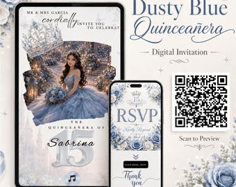 Invitación de Quinceañera en Azul Polvo, Invitación Digital Floral Elegante (Plantilla de Canva)