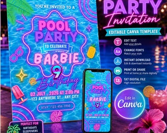 Invitación de cumpleaños para fiesta en la piscina, plantilla editable de Canva (descarga digital), fiesta neón, plr