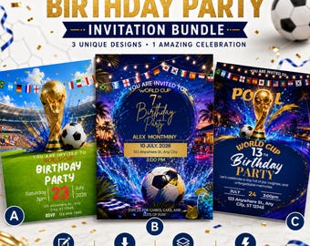 Paquete de invitaciones de cumpleaños con temática de la Copa Mundial de Fútbol, plantilla editable de Canva (descarga digital)