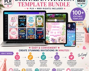 Paquete de más de 100 invitaciones interactivas para niños (PLR/MRR) / Plantillas editables de Canva / Invitaciones para fiestas de cumpleaños