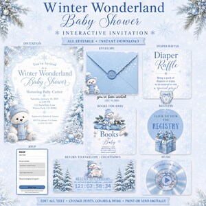 May include: A Winter Wonderland baby shower interactive invitation set featuring light blue and white snowy graphics, teddy bears in winter hats, and text including Winter Wonderland Baby Shower, Diaper Raffle, Books for Baby, and Registry.