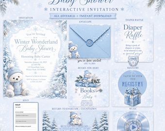 May include: A Winter Wonderland baby shower interactive invitation set featuring light blue and white snowy graphics, teddy bears in winter hats, and text including Winter Wonderland Baby Shower, Diaper Raffle, Books for Baby, and Registry.