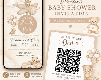 Invitación para baby shower con osito de peluche, plantilla editable de Canva, tema neutro (descarga digital), casi podemos esperar