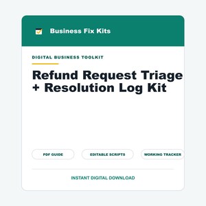 May include: A digital business toolkit titled Refund Request Triage + Resolution Log Kit by Business Fix Kits. The white rectangular graphic features a dark green header, black text, and three buttons labeled PDF GUIDE, EDITABLE SCRIPTS, and WORKING TRACKER.