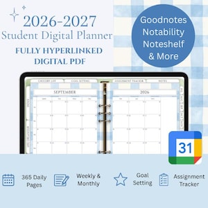 May include: A 2026-2027 student digital planner displayed on a tablet screen with a blue gingham background. The interface shows a September 2026 monthly calendar, hyperlinked tabs for grocery lists, goal setting, and assignment trackers.