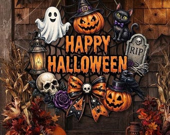 Happy Halloween Wooden Door Sign, Spooky Spider Web Wreath, Black Cat Pumpkin Wall Hanging, Ghost Reaper Front Porch Decor