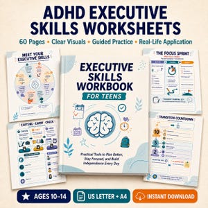 May include: A collection of ADHD executive skills worksheets for teens, featuring a central workbook titled Executive Skills Workbook for Teens, surrounded by four individual activity pages with diagrams, checklists, and icons in blue and white.