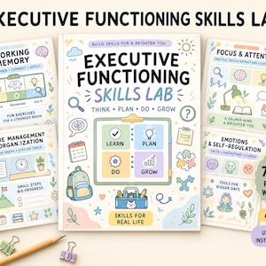 May include: A 70-page practical workbook titled Executive Functioning Skills Lab, featuring colourful illustrations of a clipboard, backpack, and tools. The cover includes text such as Think, Plan, Do, Grow, and Ages 7-11, with US Letter and A4 formats.