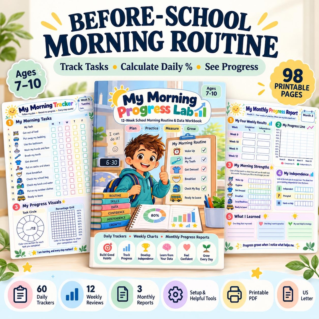Before School Morning Routine Tracker for Kids | Wake-up to Departure ...