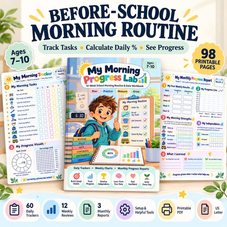 Before School Morning Routine Tracker for Kids | Wake-up to Departure ...