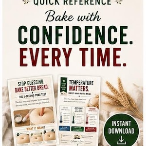 May include: A kitchen quick reference guide featuring two informational cards about baking bread. The text reads Bake with CONFIDENCE. EVERY TIME. and includes instructions for the 5-second poke test and temperature guidelines, alongside a wheat stalk graphic.