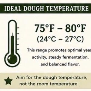 May include: A rectangular informational sign with a dark green header reading IDEAL DOUGH TEMPERATURE. It features a thermometer icon, the temperature range 75°F - 80°F (24°C - 27°C), and text about yeast activity, fermentation, and flavor.