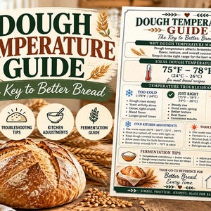 May include: A rectangular dough temperature guide chart featuring the text Dough Temperature Guide The Key to Better Bread, temperature ranges, troubleshooting tips, and kitchen adjustments, displayed next to a round loaf of crusty bread.