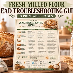 May include: A printable bread troubleshooting guide featuring a quick chart with columns for problems, causes, signs, and solutions. The document includes illustrations of bread loaves and wheat stalks, with the text Rooted in Grace Home by Moghini.