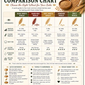 May include: A Wheat Berry Comparison Chart infographic titled Choose the Right Wheat for Your Bake. It displays five wheat varieties with columns for protein content, flavor profile, best uses, gluten strength, hydration needs, and milling notes.