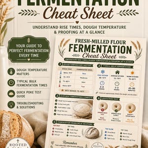 May include: A printed cheat sheet titled Fresh-Milled Flour Fermentation Cheat Sheet. It includes sections on dough temperature, bulk fermentation times, a quick poke test guide, and troubleshooting tips for home bakers, featuring icons and text.