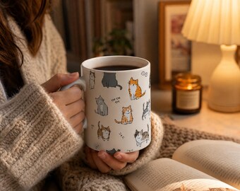 Cute Cat Mug | Cat Lover Coffee Mug | Kitty Pattern Mug | Gift for Cat Mom | Cat Dad Gift | Cute Animal Coffee Cup | Cat Lover Gift