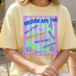 Gesegnet sind die Seligpreisungen Schrift-T-Stück, lebendiges christliches Frauen-Shirt, Spaß-glaubensbasiertes Geschenk