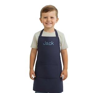 Personalized Kids Apron with Embroidered Name- Chef Costume for Kids- 100%  Linen Kids Aprons Art Painting  Cooking Birthday Party Navy Blue