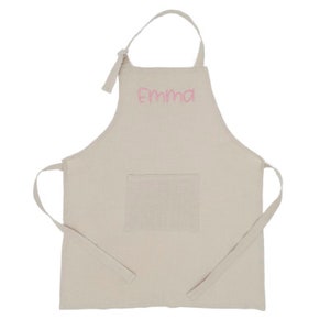 Personalized Kids Apron with Embroidered Name -Chef Costume for Kids- 100%  Linen Kids Aprons for Art Painting  Cooking Birthday Party Beige