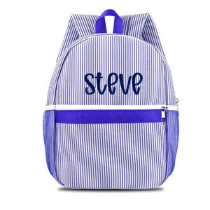 Personalized Seersucker Backpack Cute Baby Bag Backpack –Back To Schoo Preschool Kindergarten Toddler Backpack for Boys and Girls-Blue