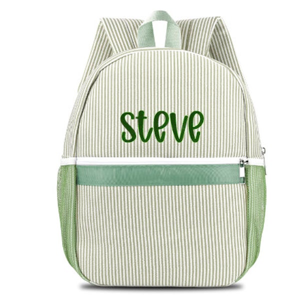 Personalized Seersucker Backpack Cute Baby Bag Backpack –Back To Schoo Preschool Kindergarten Toddler Backpack for Boys and Girls-Green