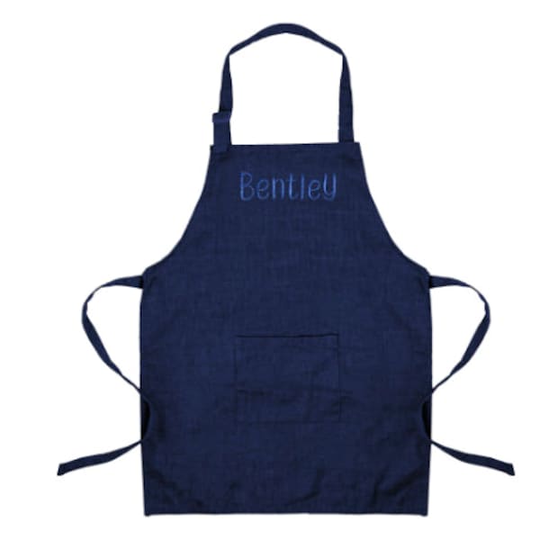Personalized Kids Apron with Embroidered Name- Chef Costume for Kids- 100%  Linen Kids Aprons Art Painting  Cooking Birthday Party Navy Blue