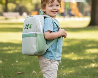 Personalized Seersucker Backpack Cute Baby Bag Backpack –Back To Schoo Preschool Kindergarten Toddler Backpack for Boys and Girls-Green