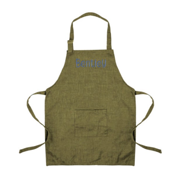 Personalized Kids Apron with Embroidered Name- Chef Costume for Kids- 100%  Linen Kids Aprons Art Painting  Cooking Birthday Party-Green