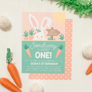 Somebunny is One Invitation GIRL Bunny Birthday Invitation Somebunny is One Invite Bunny Invite Easter Bunny Birthday Invitation image 1