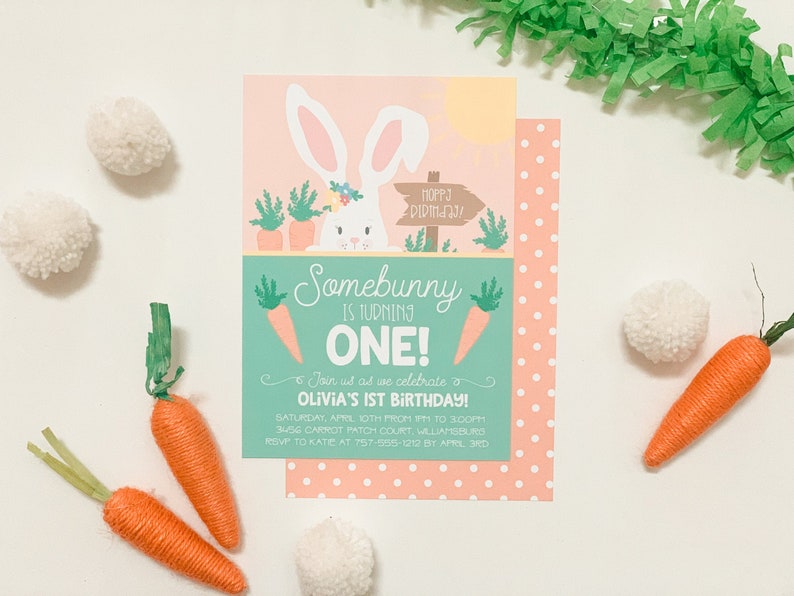 Somebunny is One Invitation GIRL Bunny Birthday Invitation Somebunny is One Invite Bunny Invite Easter Bunny Birthday Invitation image 1