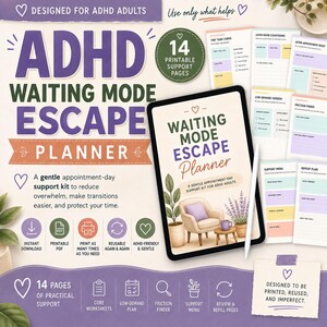 ADHD-väntelägesplanerare, arbetsbok för exekutiva funktioner, mötesdagsplanerare, neurodivergent stödkit, utskrivbar exekutiv dysfunktion
