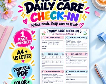 May include: A printable ADHD Daily Care Check-In worksheet featuring six sections for tracking date, mood, food, rest, activities, and notes. The document includes text labels for A4 and US Letter sizes, PDF format, and color or black and white options.