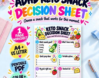 May include: A printable ADHD Keto Snack Decision Sheet worksheet featuring six numbered sections with colorful cartoon food illustrations including an avocado, cheese, cucumber, egg, strawberry, and nuts, with text prompts for snack choices.