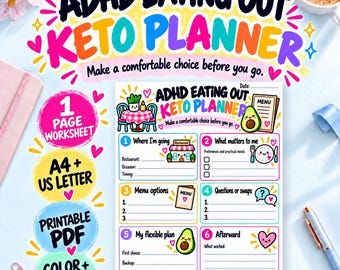May include: A printable ADHD Eating Out Keto Planner worksheet featuring six numbered sections for restaurant planning, menu options, and flexible choices. The document includes colorful illustrations of an avocado, a restaurant, and hearts with text in English.