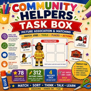Può includere: Un set educativo Community Helpers Task Box con attività di associazione e abbinamento di immagini. Il tabellone mostra l'illustrazione di un vigile del fuoco, quattro quadrati vuoti per le carte e icone di camion, casco, estintore e caserma.