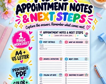 May include: A printable ADHD appointment notes and next steps worksheet featuring six numbered sections for visit details, discussion points, instructions, next steps, follow-up dates, and questions. Includes text labels for A4 and US letter sizes.