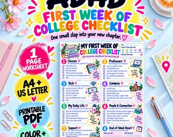 May include: A digital ADHD first week of college checklist worksheet featuring eight numbered sections including classes, professors, tech, campus, daily life, connections, support, and end-of-week reset, with colorful icons and text on a white background.