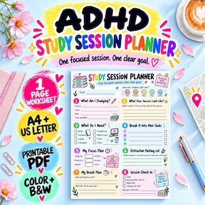 Può includere: Un foglio di lavoro stampabile per la pianificazione di sessioni di studio ADHD con otto sezioni numerate per definire obiettivi, suddividere i compiti e riflettere. Il documento include caselle di controllo, righe vuote e icone colorate, con il testo 'ADHD STUDY SESSION PLANNER' e 'One focused session. One clear goal.' stampato in alto.