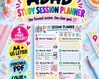 May include: A printable ADHD study session planner worksheet featuring eight numbered sections for goal setting, task breakdown, and session reflection. The document includes checkboxes, blank lines, and colorful icons, with the text 'ADHD STUDY SESSION PLANNER' and 'One focused session. One clear goal.' printed at the top.