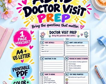 May include: A printable ADHD doctor visit prep worksheet featuring six sections for visit details, symptoms, questions, medicines, items to bring, and priorities. The document includes text headers, checkboxes, and floral accents in a colorful, organized layout.