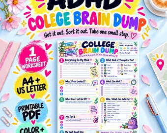 May include: A digital ADHD college brain dump worksheet featuring eight numbered sections for organizing thoughts, tasks, and priorities. The colorful page includes prompts like Everything On My Mind, What Feels Loudest, and My Next Small Step.