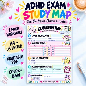 May include: A printable ADHD exam study map worksheet featuring five sections: Exam at a Glance, Map the Topics, Pick My Priorities, Plan Two Study Blocks, and Check Myself. The document includes colourful icons, checkboxes, and lines for notes.