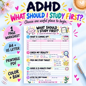 ADHD What Should I Study First Worksheet Printable, Student Study Priority Planner PDF, Homework Decision Guide, Study Task Planner